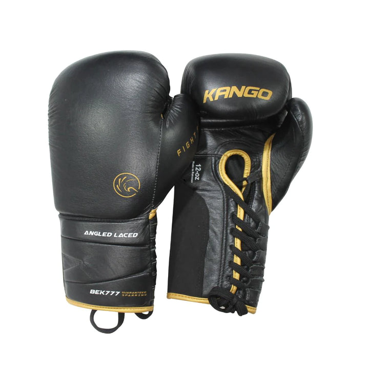 Kango Martial Arts Unisex Adult Black Gold Leather Boxing Gloves + Handwrap WS