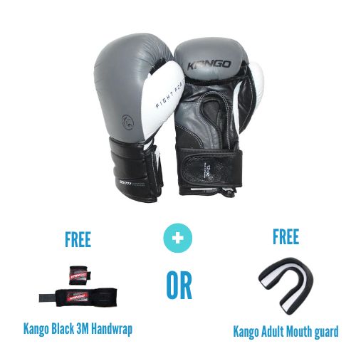 Kango Martial Arts Unisex Adult Black Grey Leather Boxing Gloves + 3 Meters Bandage or Mouthguard WS