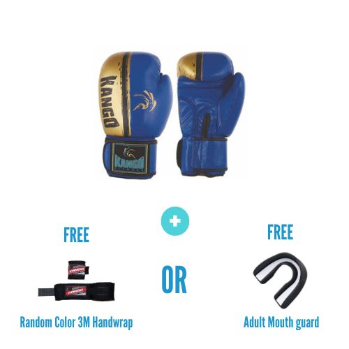 Kango Martial Arts Unisex Adult Blue Gold Leather Boxing Gloves + 3 Meters Bandage or Mouth Guard WS