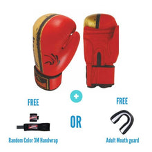 Load image into Gallery viewer, Kango Martial Arts Unisex Adult Red Gold Leather Boxing Gloves + 3 Meters Bandage or Mouth Guard WS
