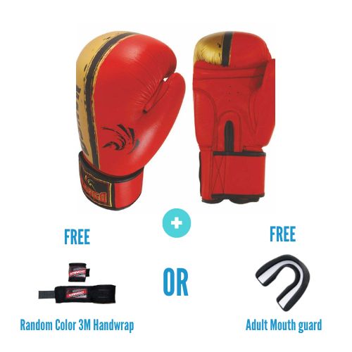 Kango Martial Arts Unisex Adult Red Gold Leather Boxing Gloves + 3 Meters Bandage or Mouth Guard WS