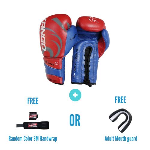 Kango Martial Arts Unisex Adult Red Blue Leather Boxing Gloves + 3 Meters Bandage or Mouth Guard WS